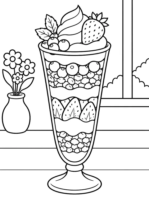 Layered parfait in a tall glass coloring page
