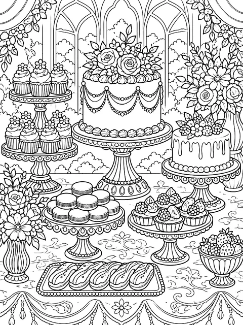 Detailed Dessert table with cakes and stands coloring page