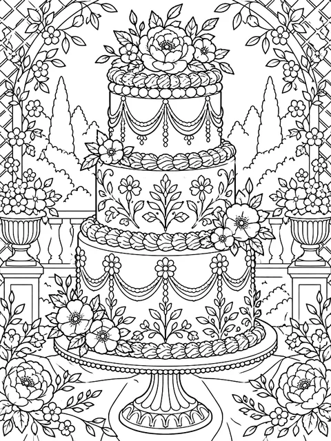 Detailed Tall cake with piped borders and flowers coloring page
