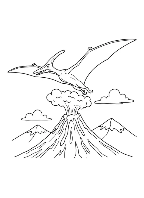 Pteranodon flying over a volcano coloring page