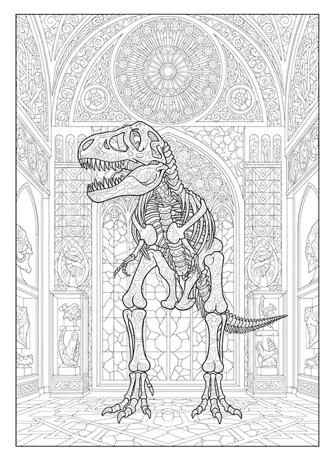 Detailed Dinosaur skeleton in a museum coloring page