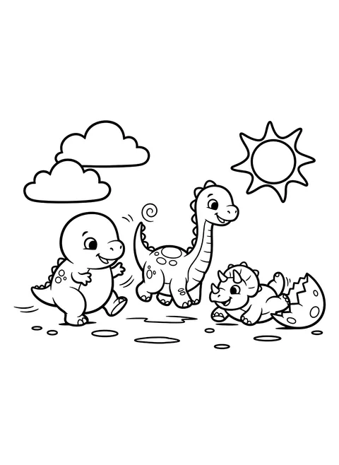 Easy Baby dinosaurs playing coloring page