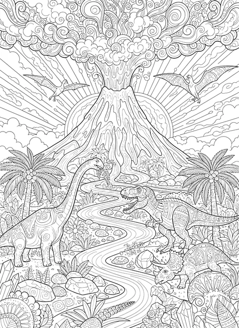 Detailed Prehistoric volcano scene coloring page