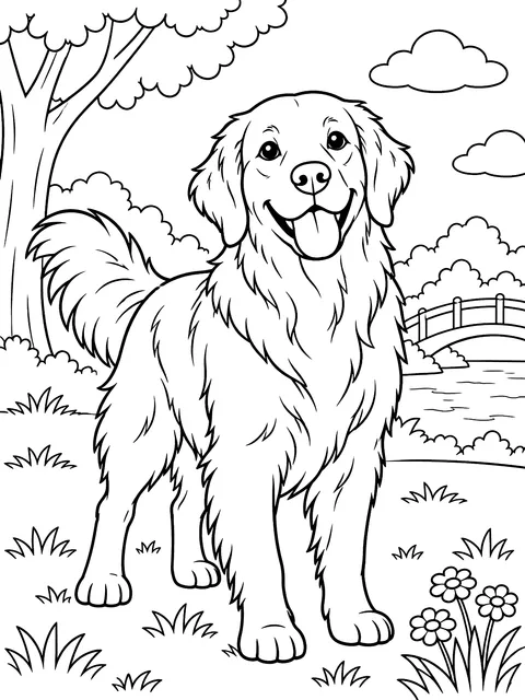 Golden retriever in the park coloring page