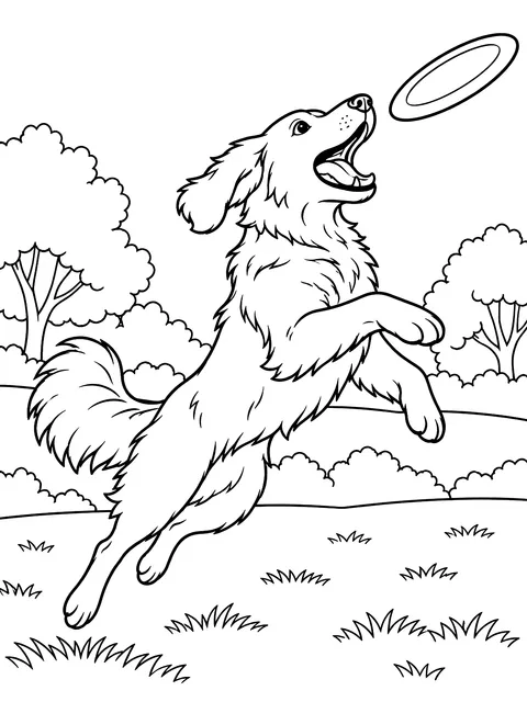 Dog catching a flying disc coloring page