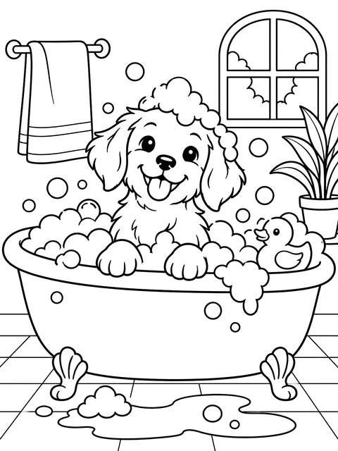 Dog in a bubble bath coloring page