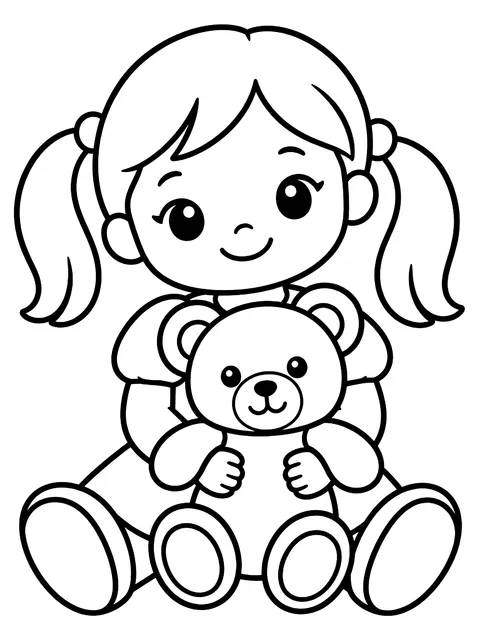 Easy Doll sitting with a teddy bear coloring page