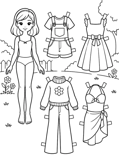 Paper doll girl with four outfits coloring page