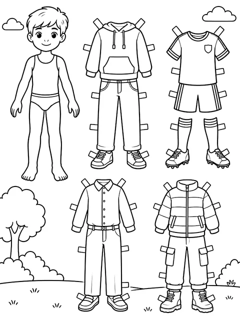 Paper doll boy with four outfits coloring page