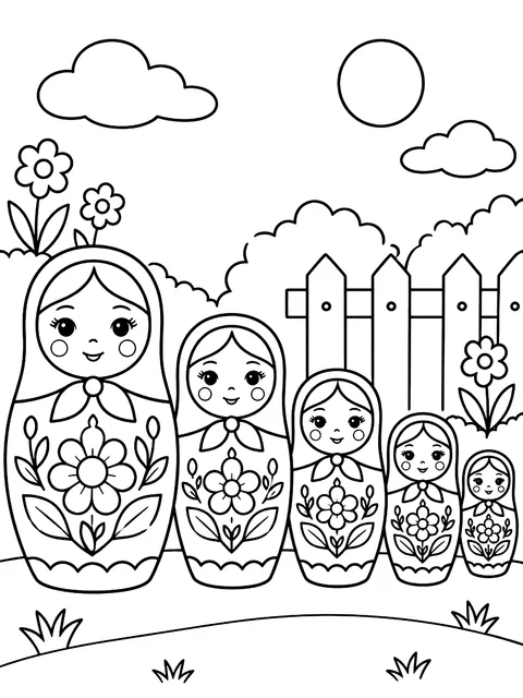 Set of five nesting dolls coloring page