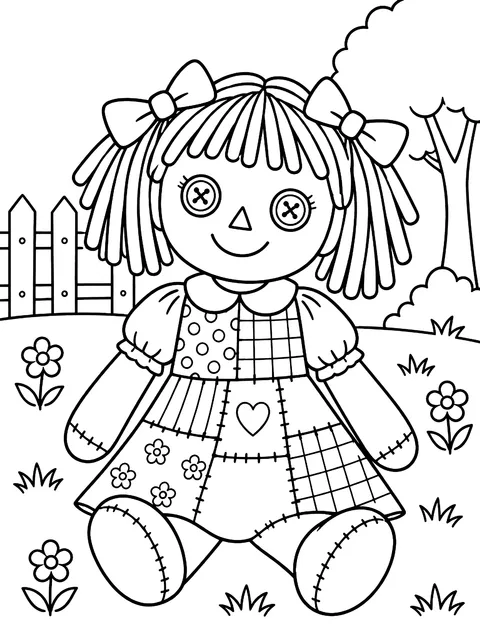 Rag doll in a patchwork dress coloring page