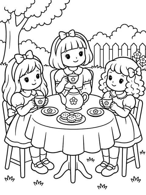 Dolls at a tea party coloring page