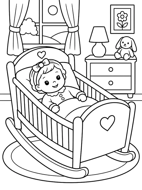 Baby doll in a rocking cradle coloring page