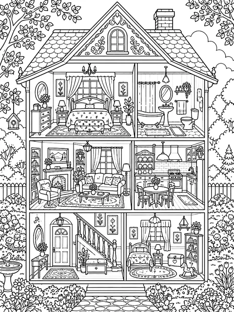 Detailed Dollhouse with furnished rooms coloring page