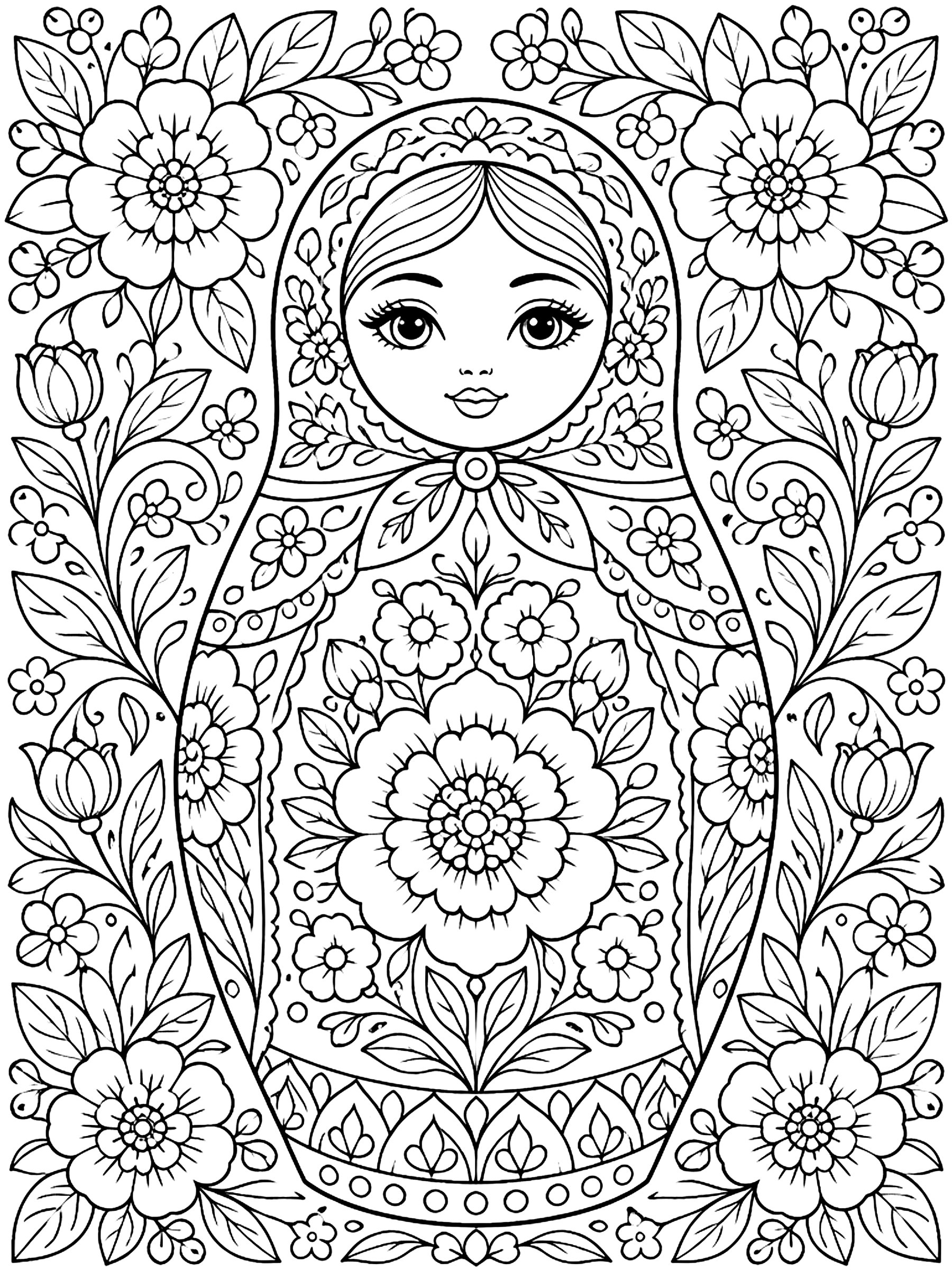 Detailed Nesting doll with detailed flower patterns coloring page