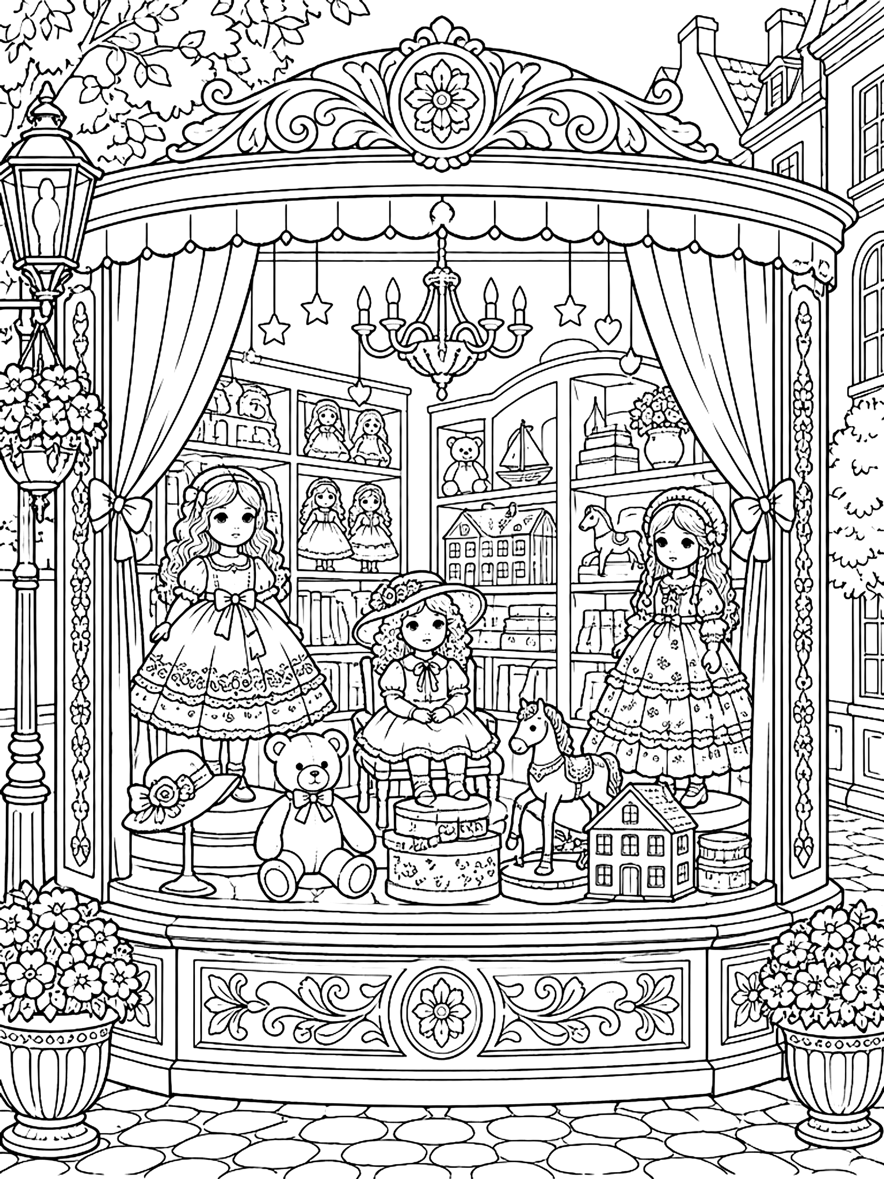 Detailed Doll shop window coloring page