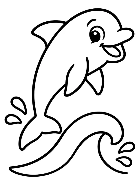 Easy Smiling dolphin jumping over a wave coloring page
