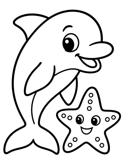 Easy Dolphin with a starfish friend coloring page