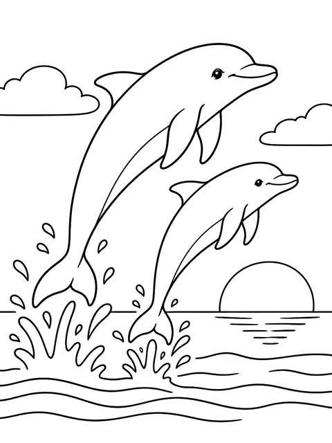 Bottlenose dolphins leaping at sunset coloring page