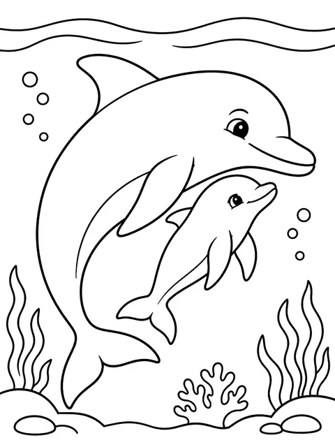 Mother dolphin with her calf coloring page