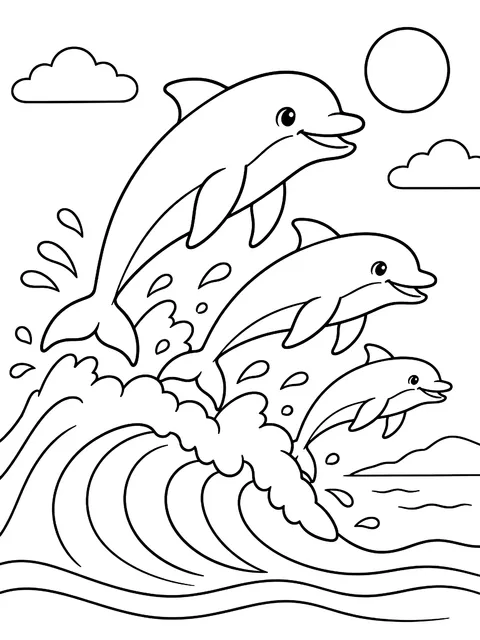 Dolphin pod riding a wave coloring page