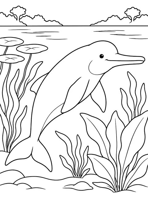 Pink river dolphin among river plants coloring page