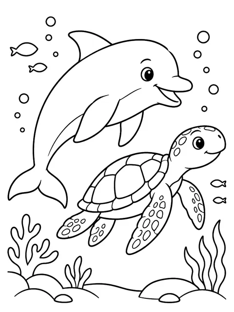 Dolphin swimming with a sea turtle coloring page