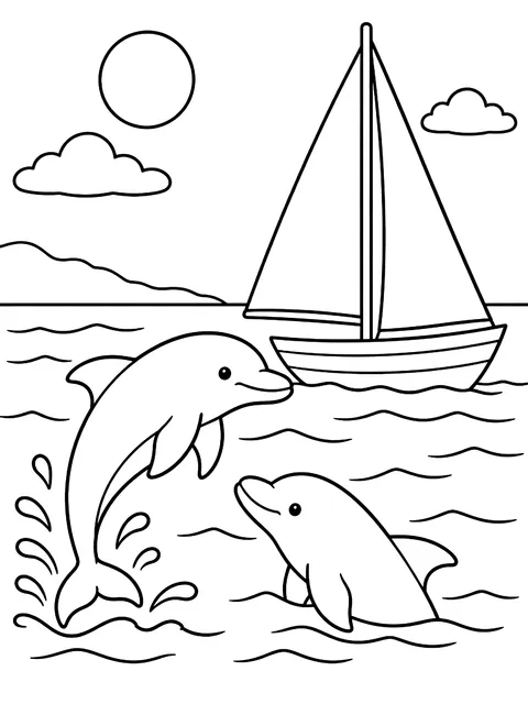 Dolphins beside a sailboat coloring page
