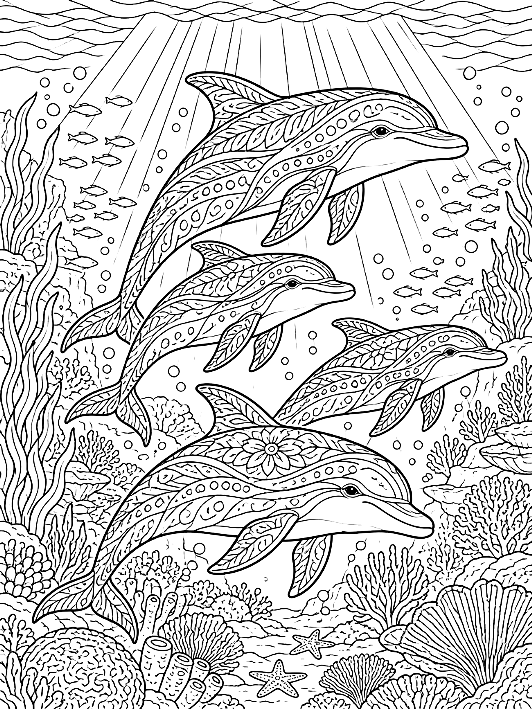 Detailed Dolphin pod in rays of underwater light coloring page