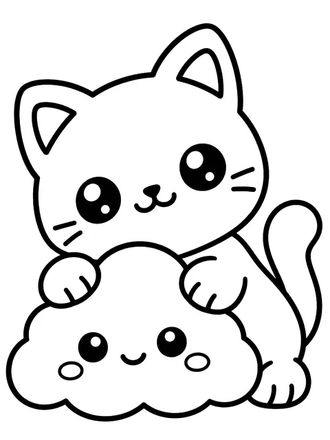 Easy Kawaii cats and clouds doodles coloring page