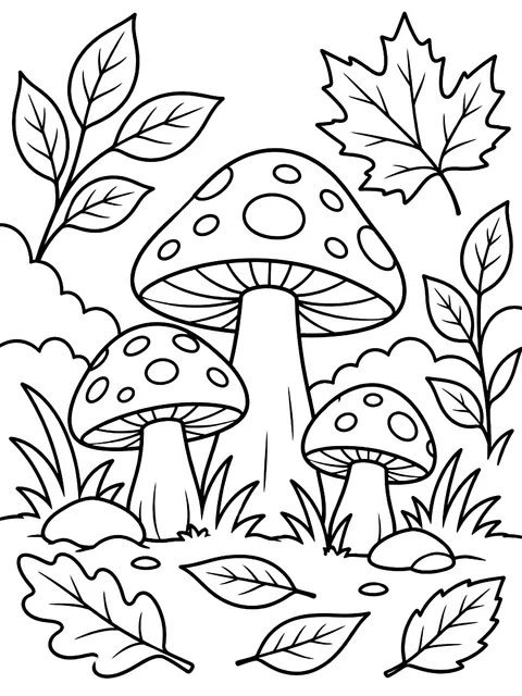 Leaves and mushrooms doodles coloring page