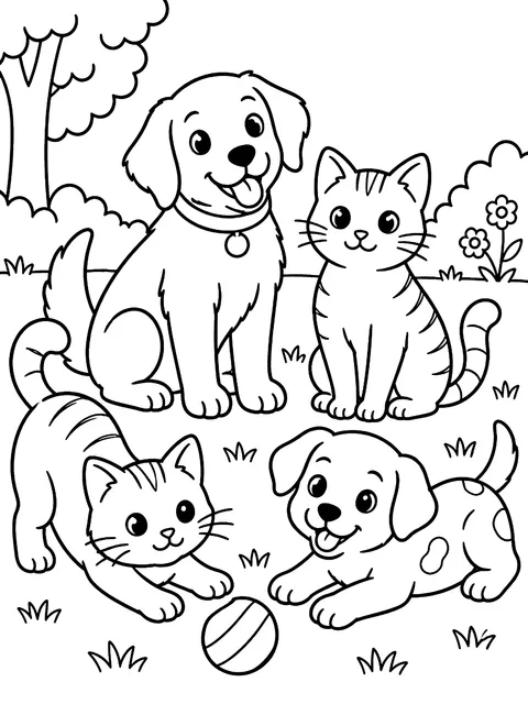Cats and dogs doodles coloring page