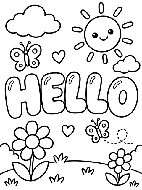 Hello in bubble letters with doodles coloring page