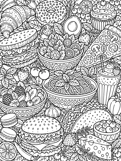 Detailed Edge-to-edge food doodles coloring page
