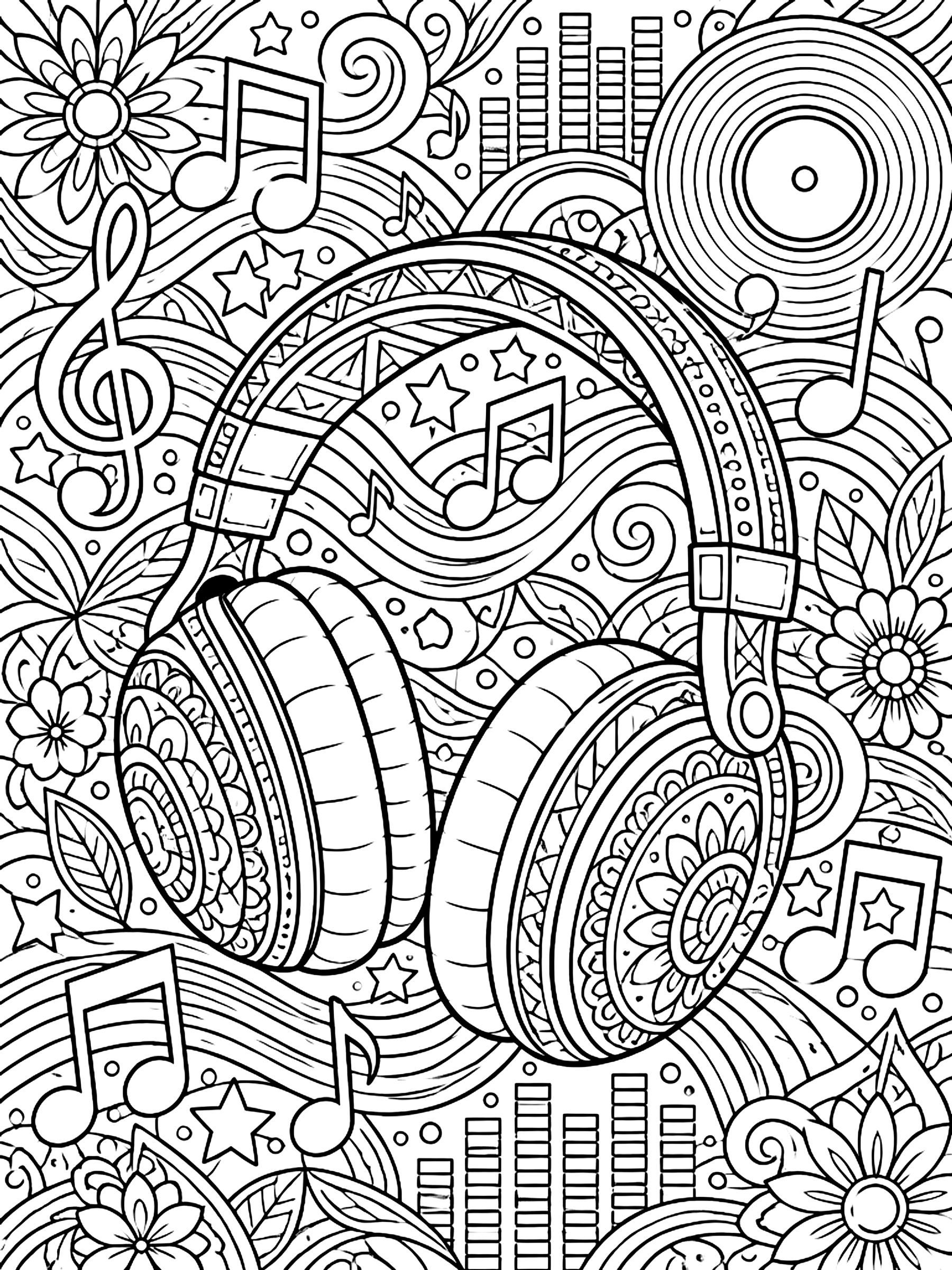 Detailed Music and headphones doodles coloring page