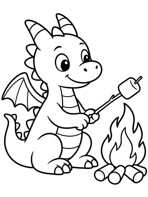 Easy Dragon toasting a marshmallow coloring page