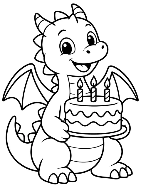 Easy Dragon with a birthday cake coloring page