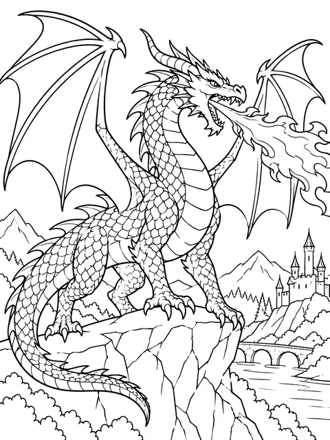 Winged dragon breathing fire coloring page