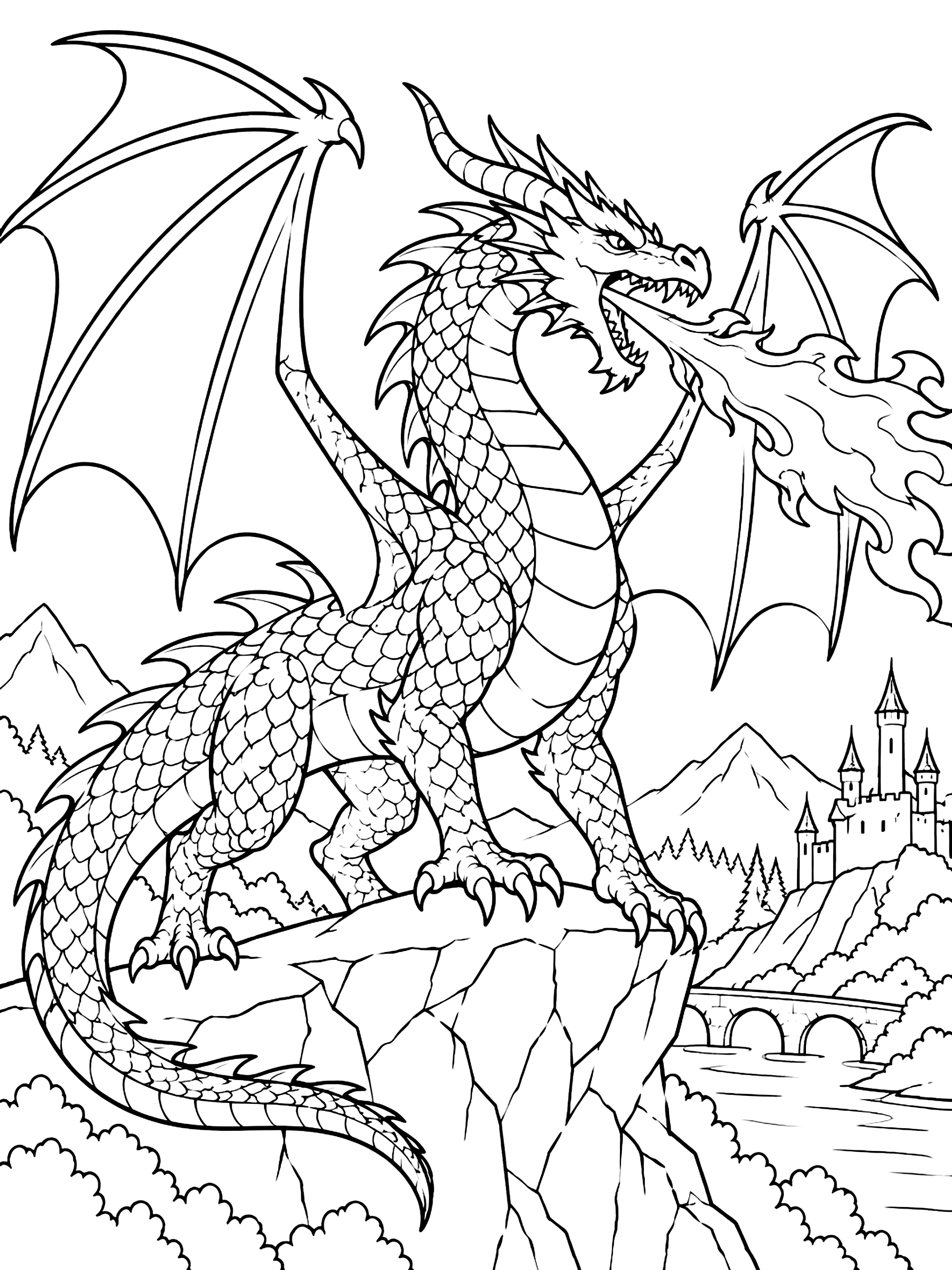 Winged dragon breathing fire coloring page