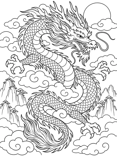 Eastern dragon curling through clouds coloring page