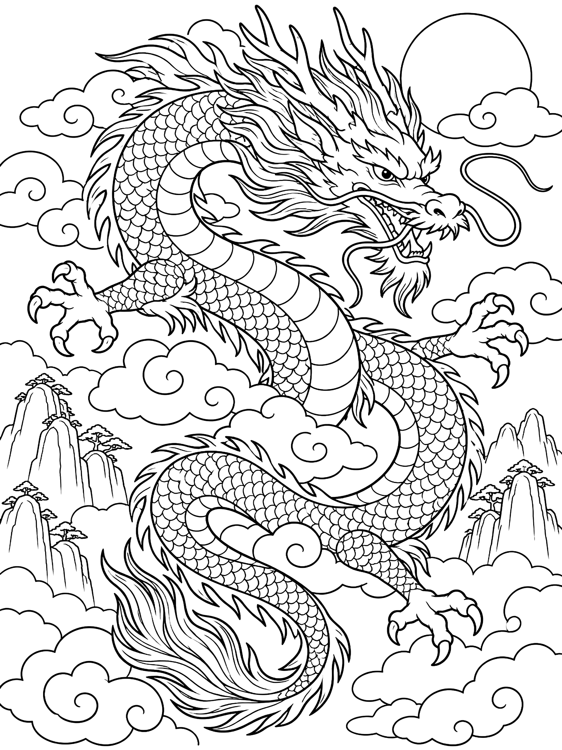 Eastern dragon curling through clouds coloring page