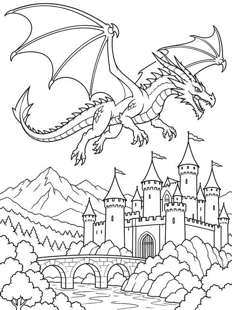 Dragon flying over a castle coloring page