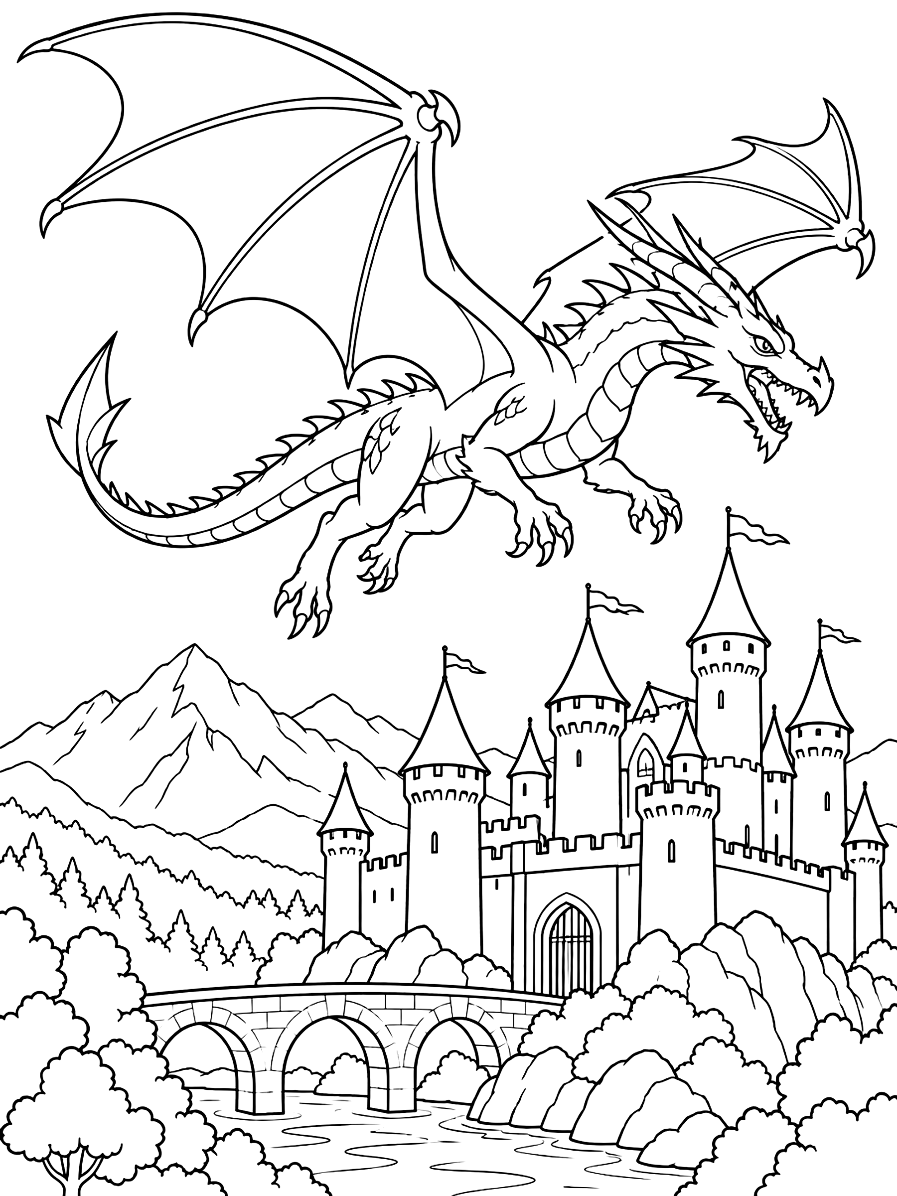 Dragon flying over a castle coloring page