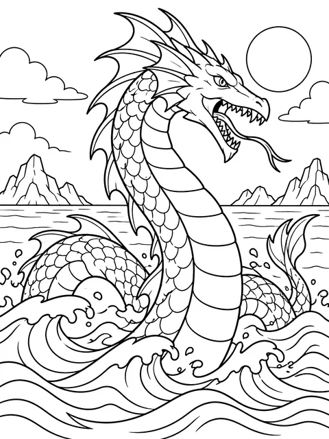 Sea serpent rising from the waves coloring page