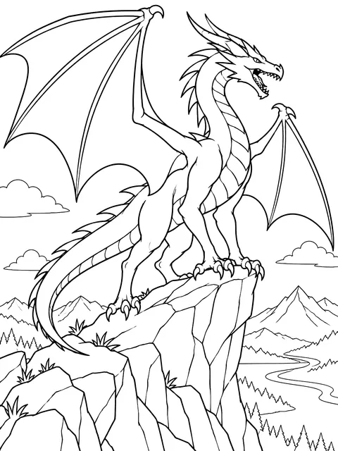 Wyvern perched on a cliff coloring page