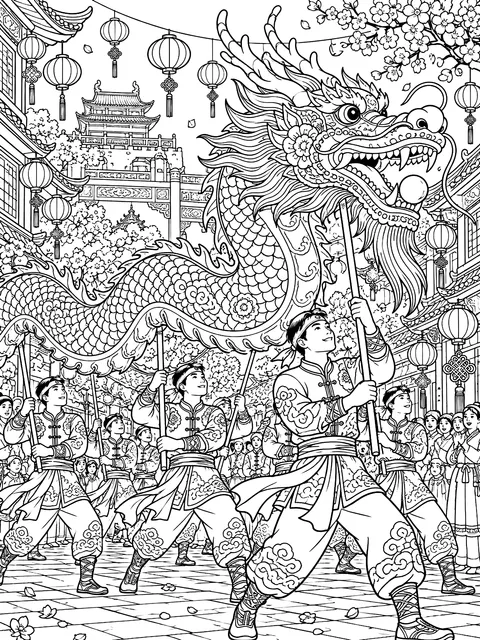 Detailed Dragon dance at a Lunar New Year parade coloring page