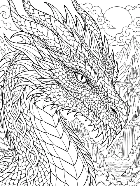 Detailed Dragon head in close-up with detailed scales coloring page