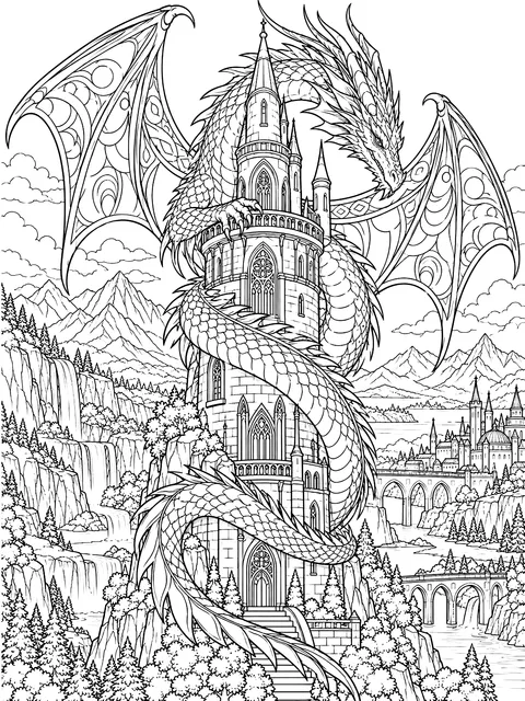 Detailed Dragon coiled around a tower coloring page