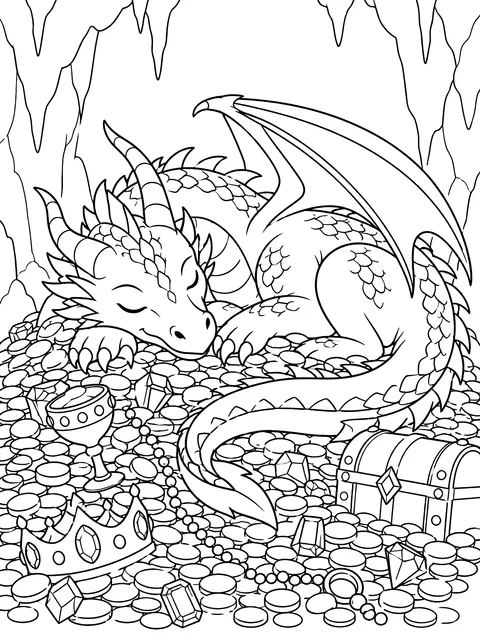 Dragon asleep on a pile of treasure coloring page