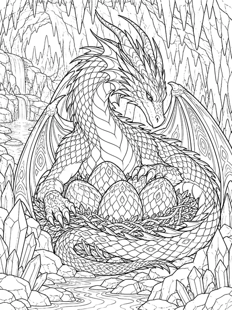 Detailed Dragon guarding a nest of eggs in a cave coloring page
